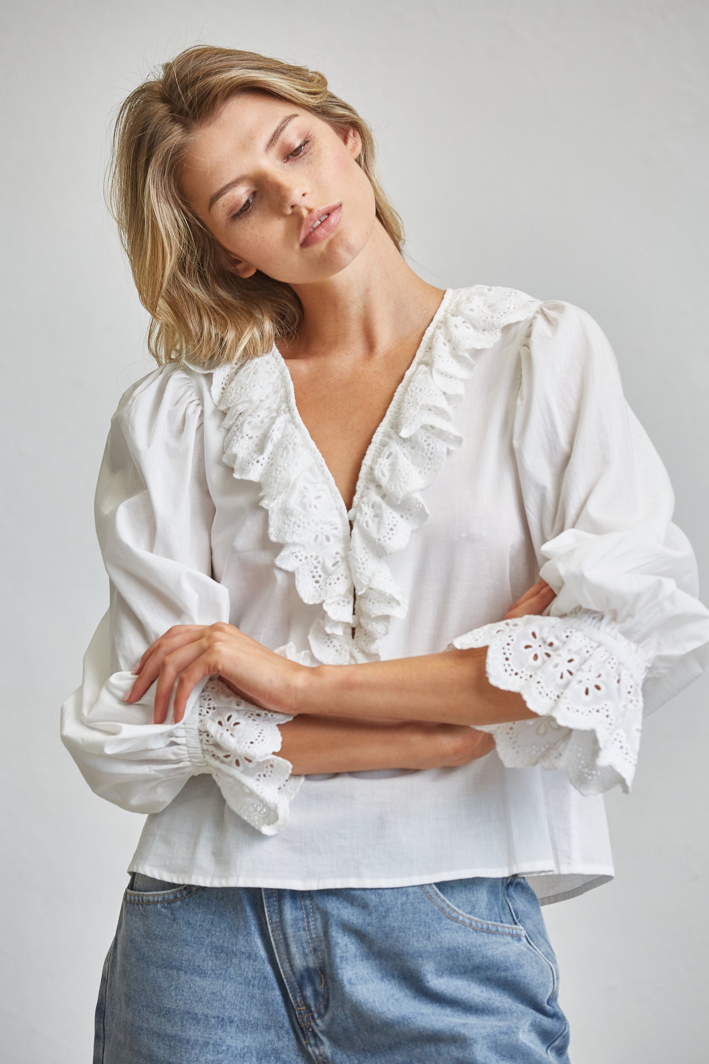 EYELET LACE RUFFLE V NECK PUFF SLEEVE BLOUSE
