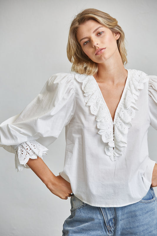 EYELET LACE RUFFLE V NECK PUFF SLEEVE BLOUSE