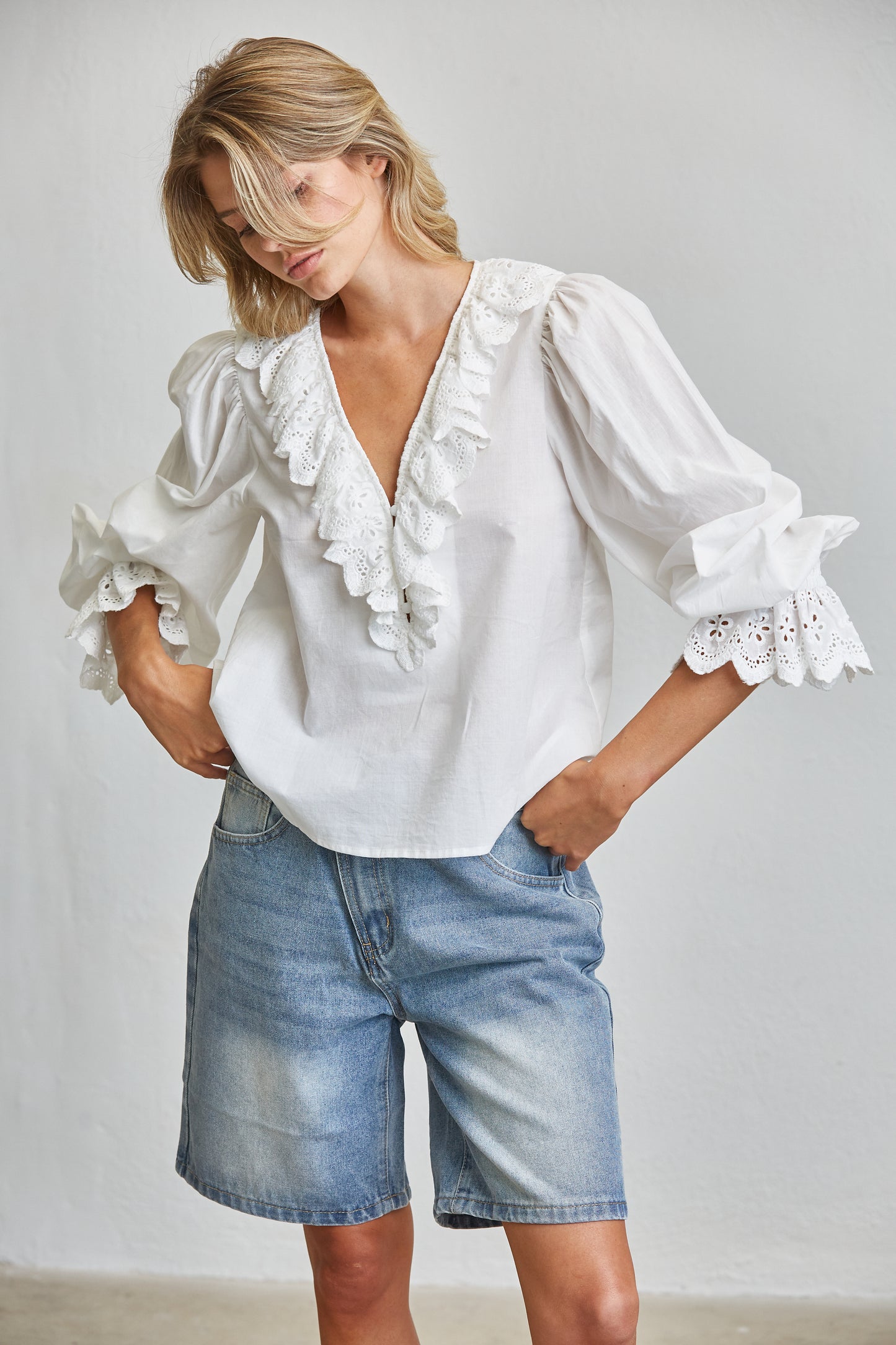 EYELET LACE RUFFLE V NECK PUFF SLEEVE BLOUSE
