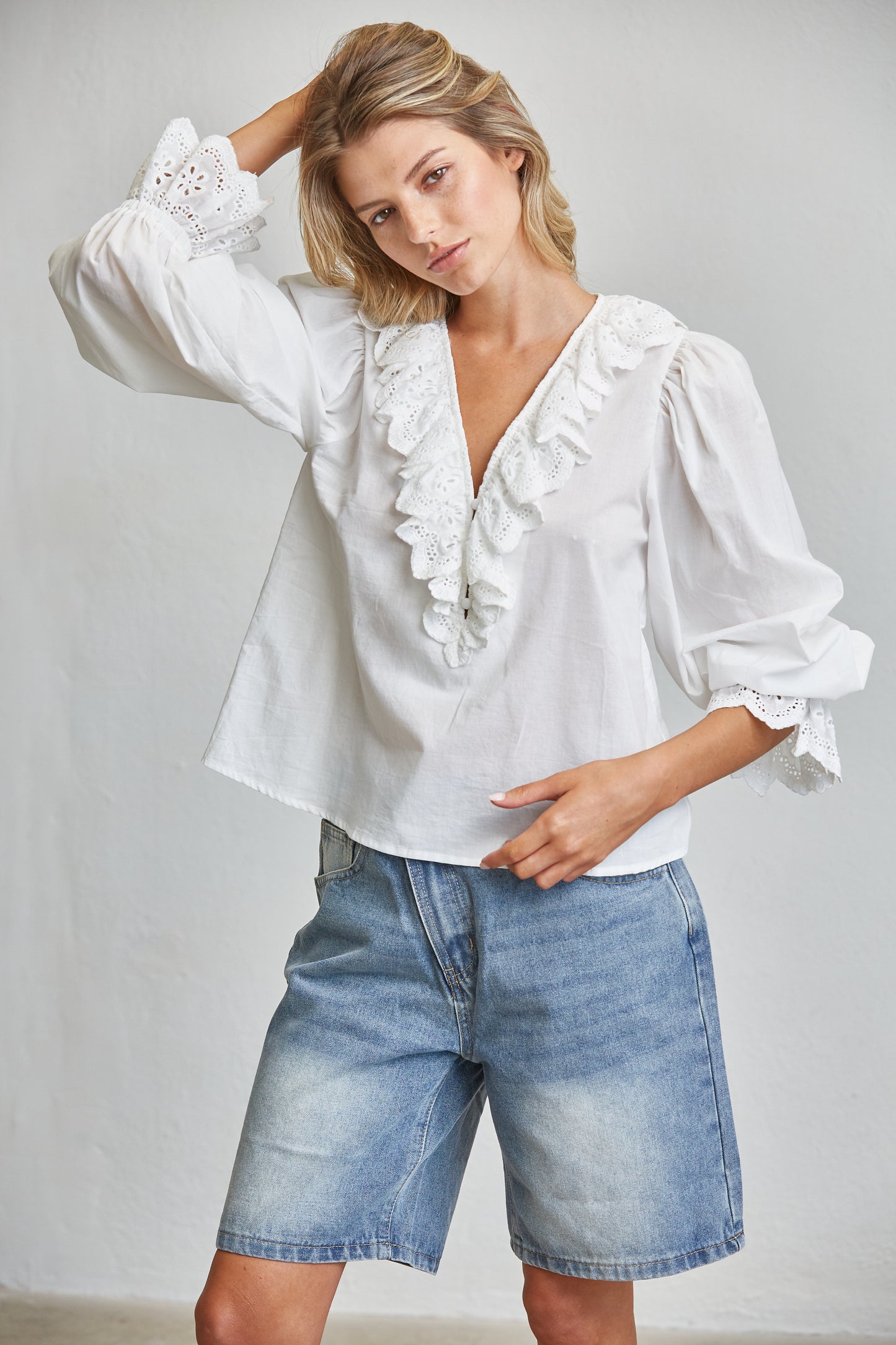 EYELET LACE RUFFLE V NECK PUFF SLEEVE BLOUSE