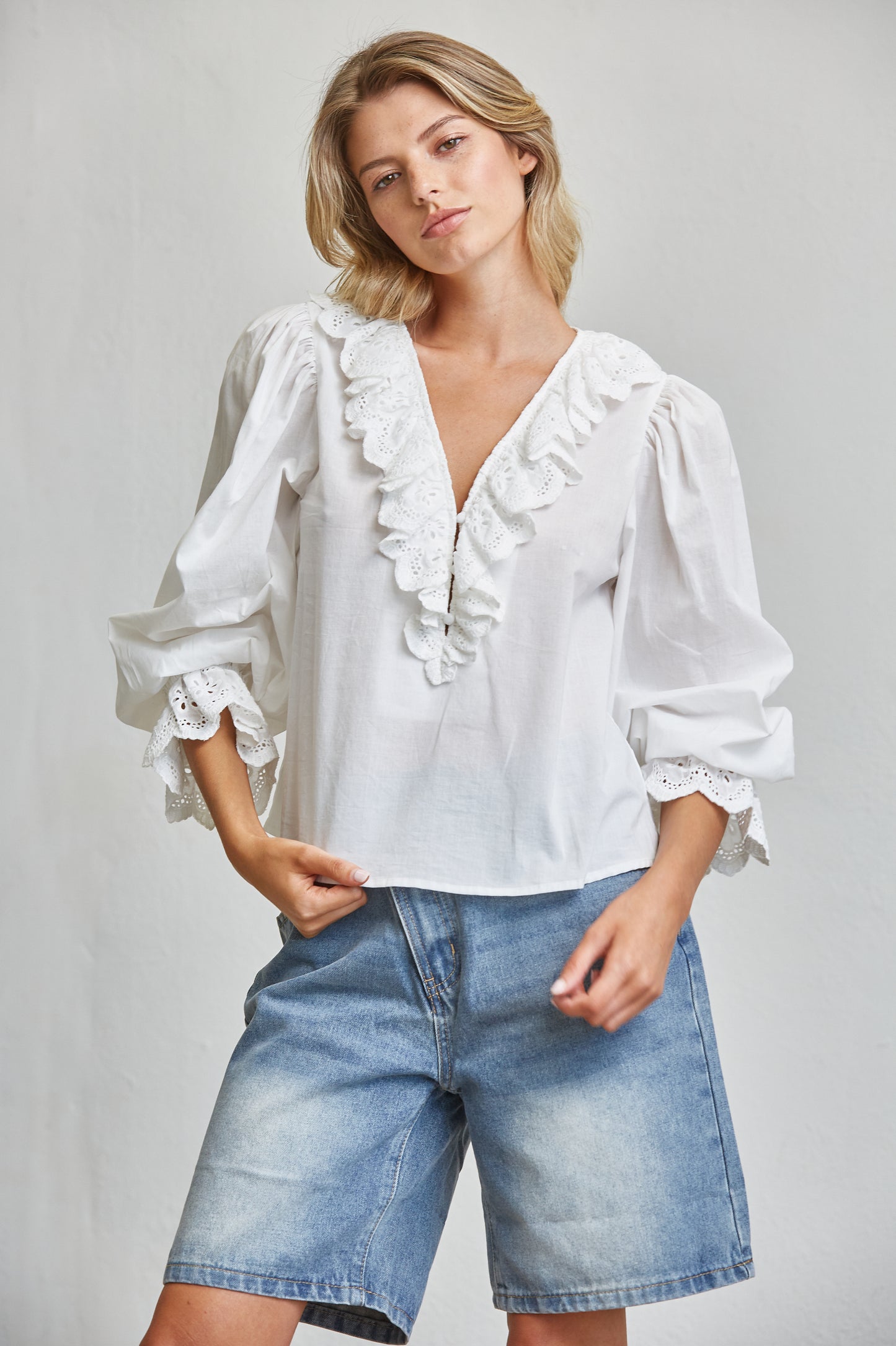 EYELET LACE RUFFLE V NECK PUFF SLEEVE BLOUSE