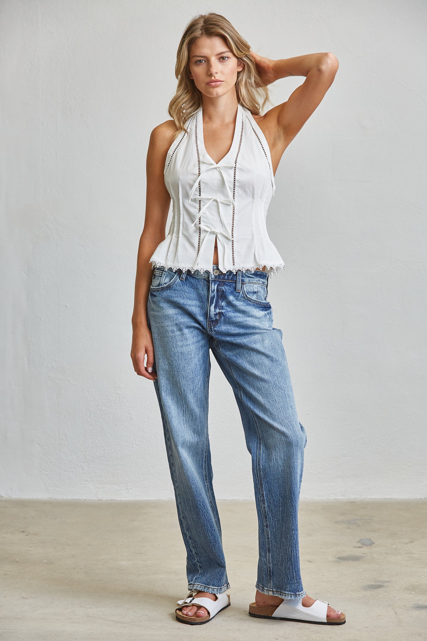 TIE ACCENT CHARM HALTER PEPLUM TOP