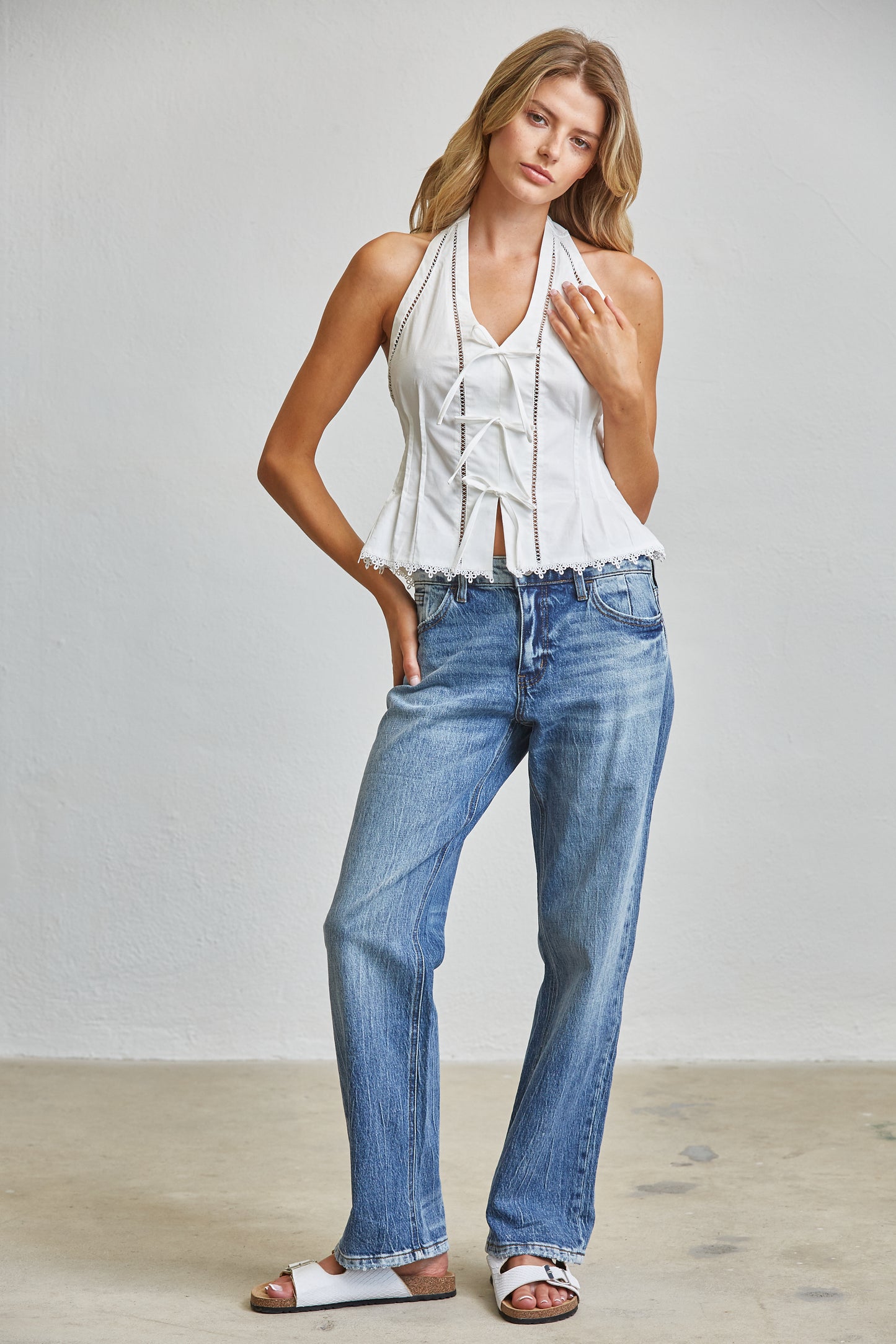 TIE ACCENT CHARM HALTER PEPLUM TOP