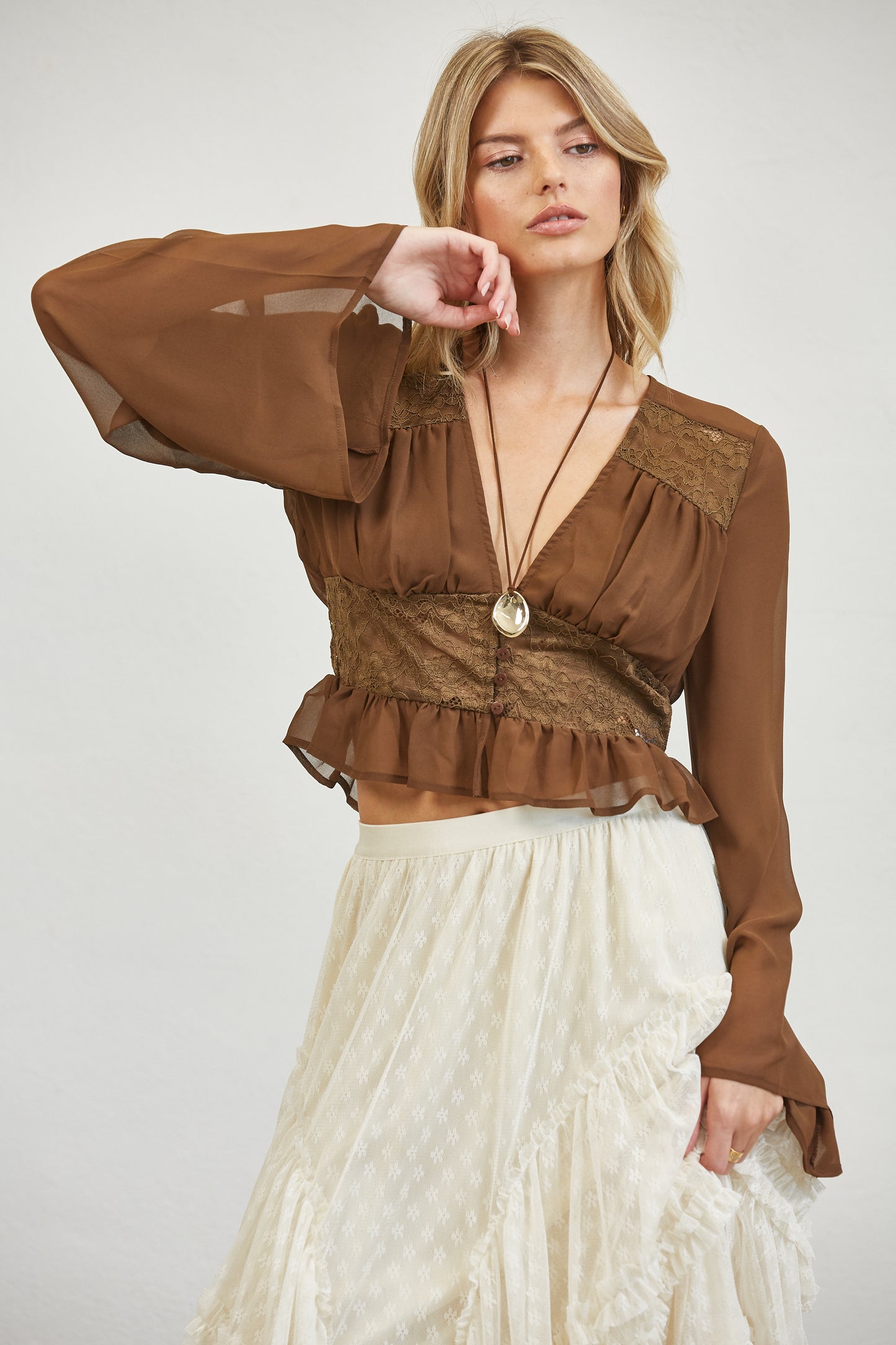 LACE ROMANCE PEPLUM BLOUSE - CHOCOLATE