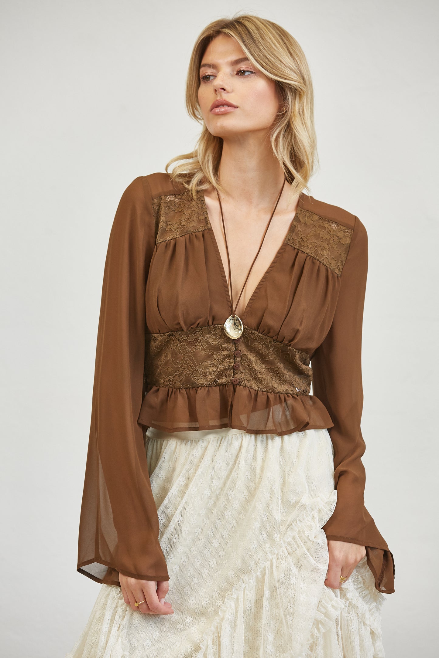 LACE ROMANCE PEPLUM BLOUSE - CHOCOLATE