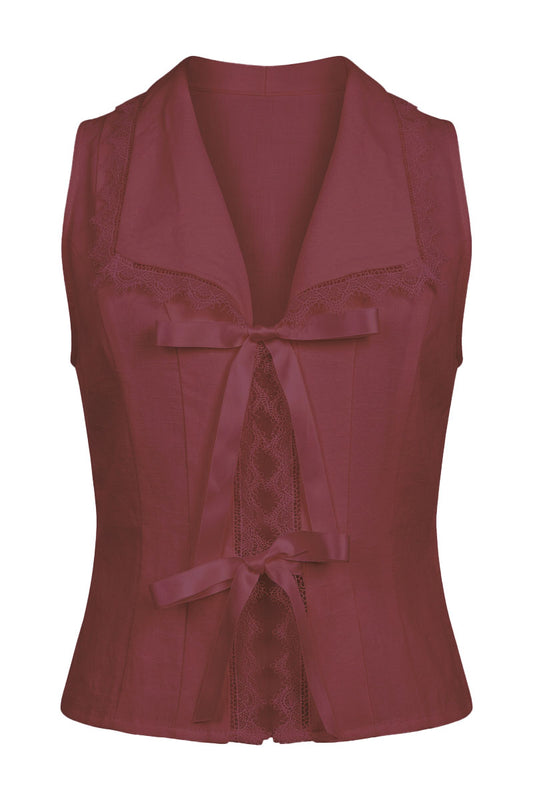Ribbon Tie Linen Blend Lace Trim Blouse