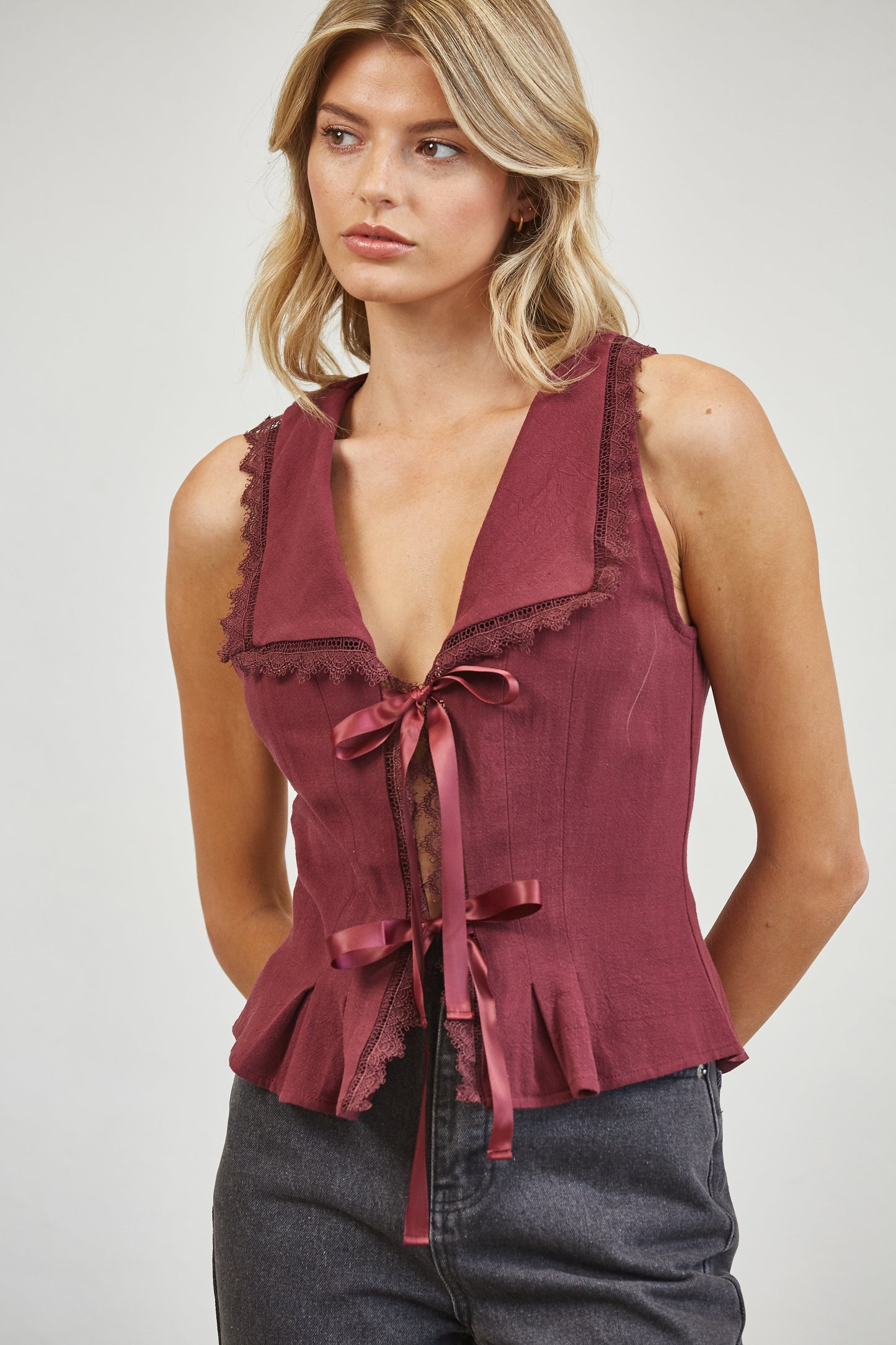 RIBBON TIE LINEN BLEND LACE TRIM BLOUSE - PLUM