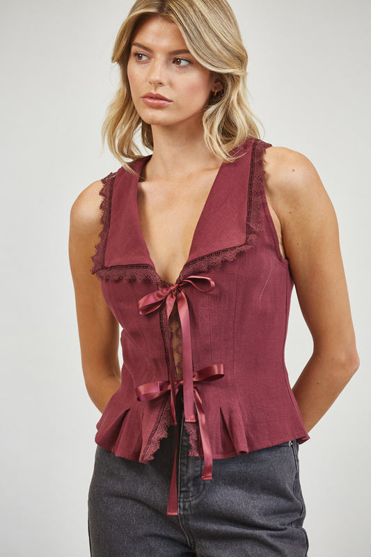 RIBBON TIE LINEN BLEND LACE TRIM BLOUSE - PLUM