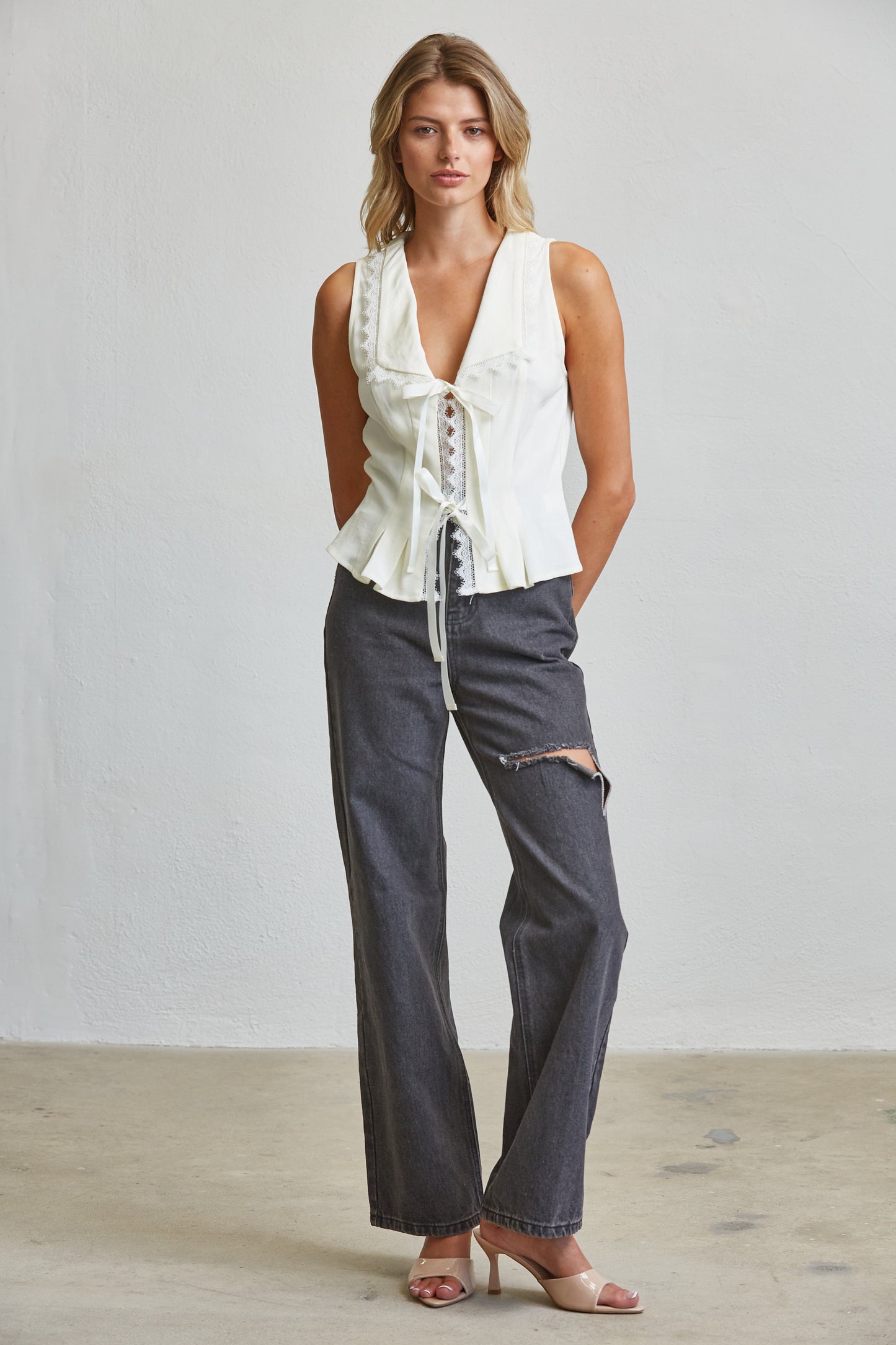 Ribbon Tie Linen Blend Lace Trim Blouse