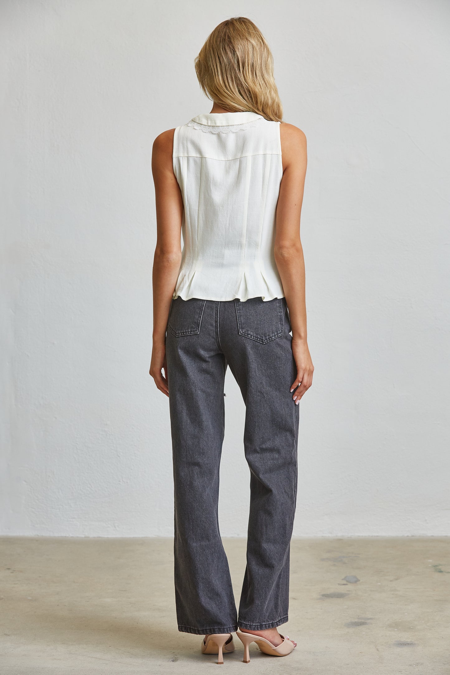 Ribbon Tie Linen Blend Lace Trim Blouse