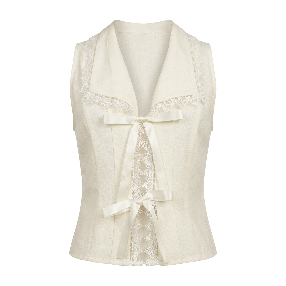 Ribbon Tie Linen Blend Lace Trim Blouse