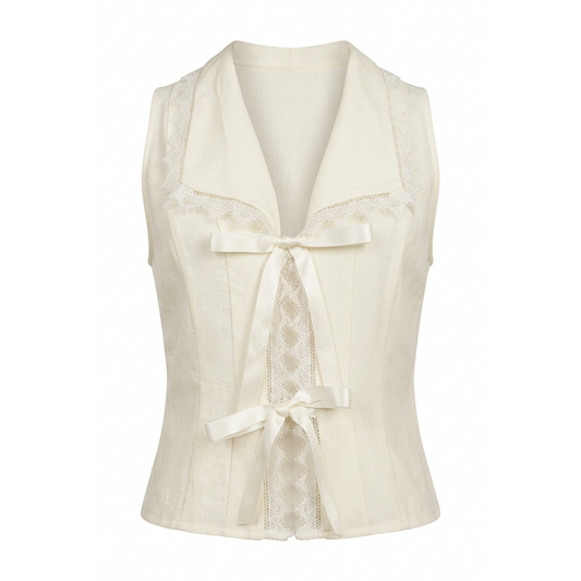 Ribbon Tie Linen Blend Lace Trim Blouse