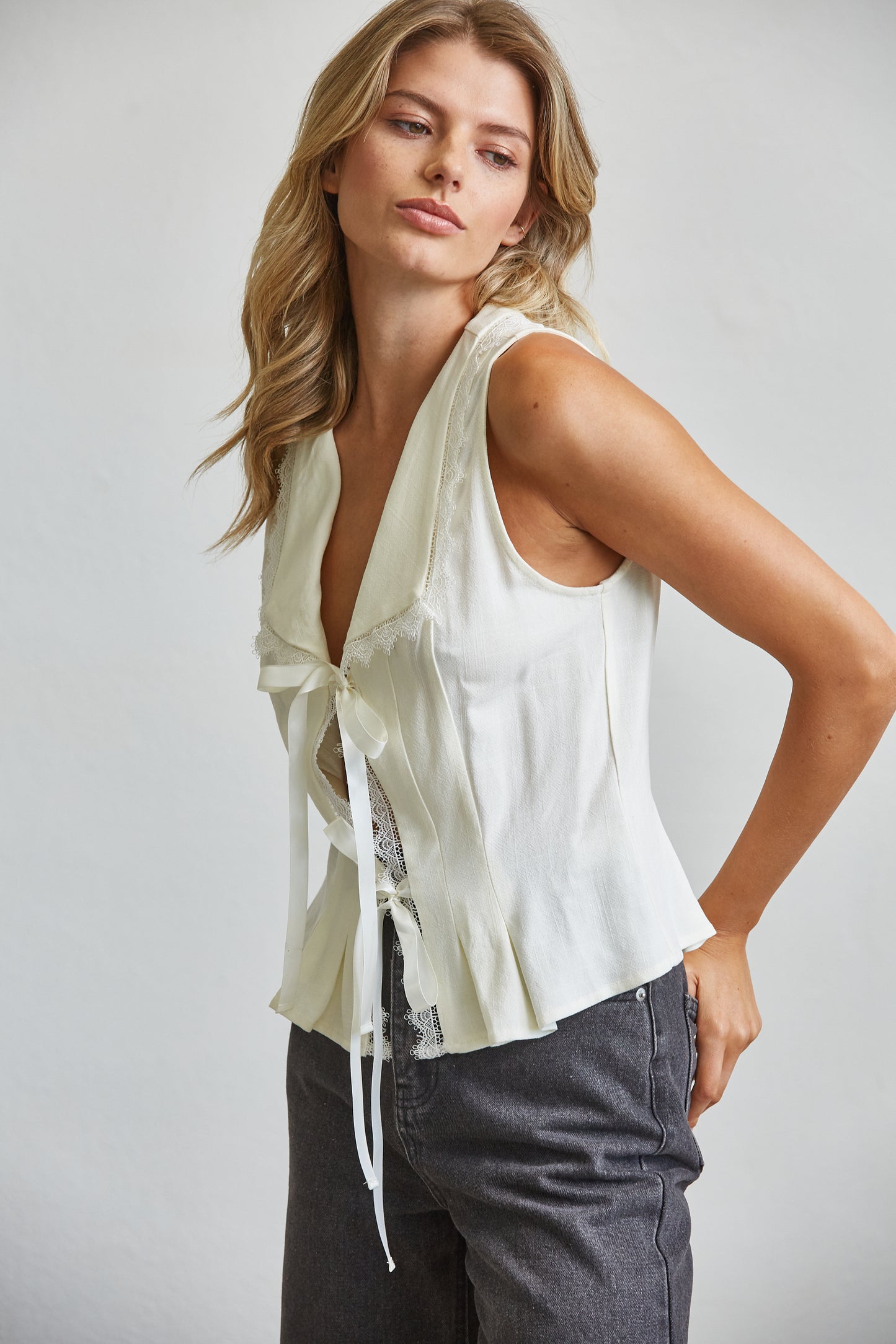 Ribbon Tie Linen Blend Lace Trim Blouse