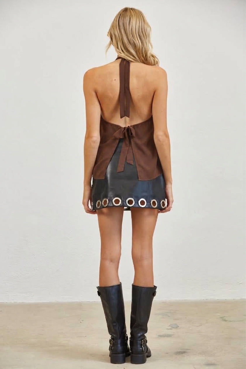 EMBELLISHED HALTER CHIFFON TIE-BACK TOP - BROWN
