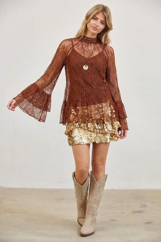 SHEER LACE BELL SLEEVE SEQUIN RUFFLE BLOUSE TOP