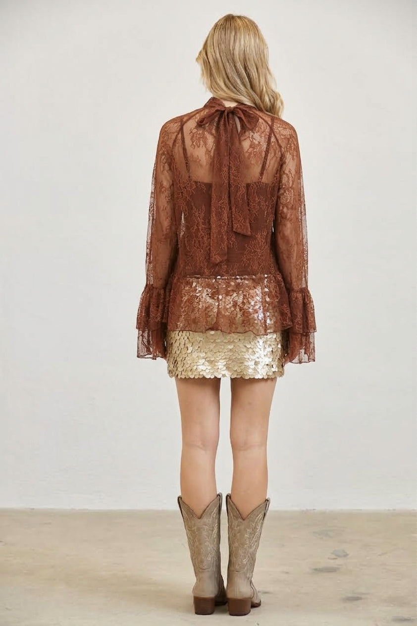 SHEER LACE BELL SLEEVE SEQUIN RUFFLE BLOUSE TOP