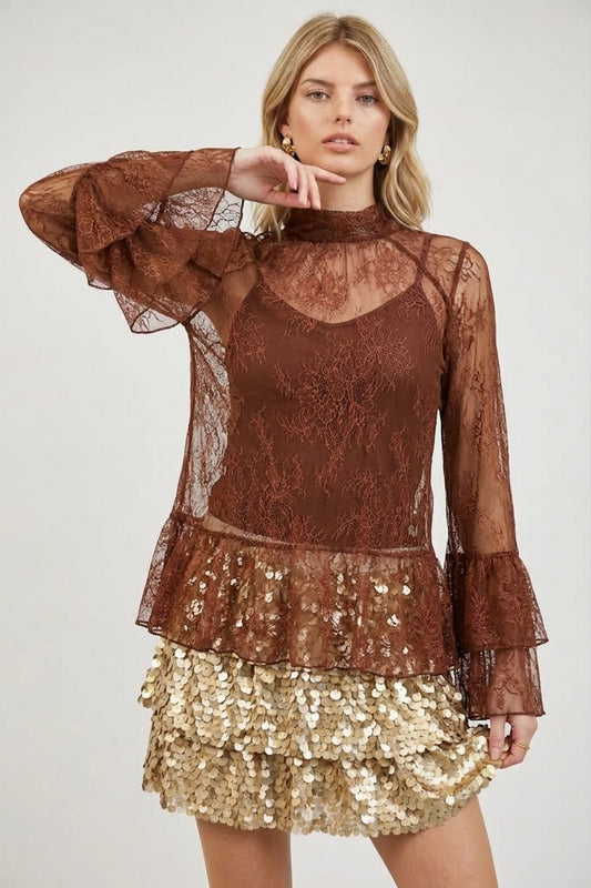 SHEER LACE BELL SLEEVE SEQUIN RUFFLE BLOUSE TOP