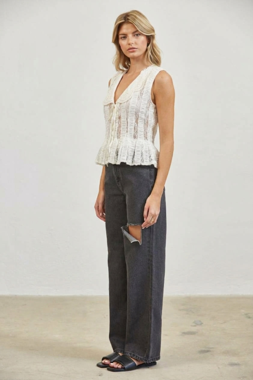 Eyelet Collar Tie-Front Lace Peplum Top