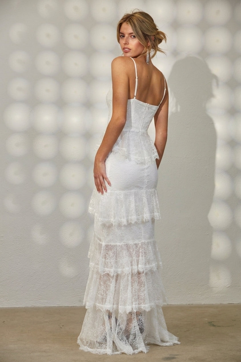 CORSET TIERED TULLE LACE MAXI DRESS