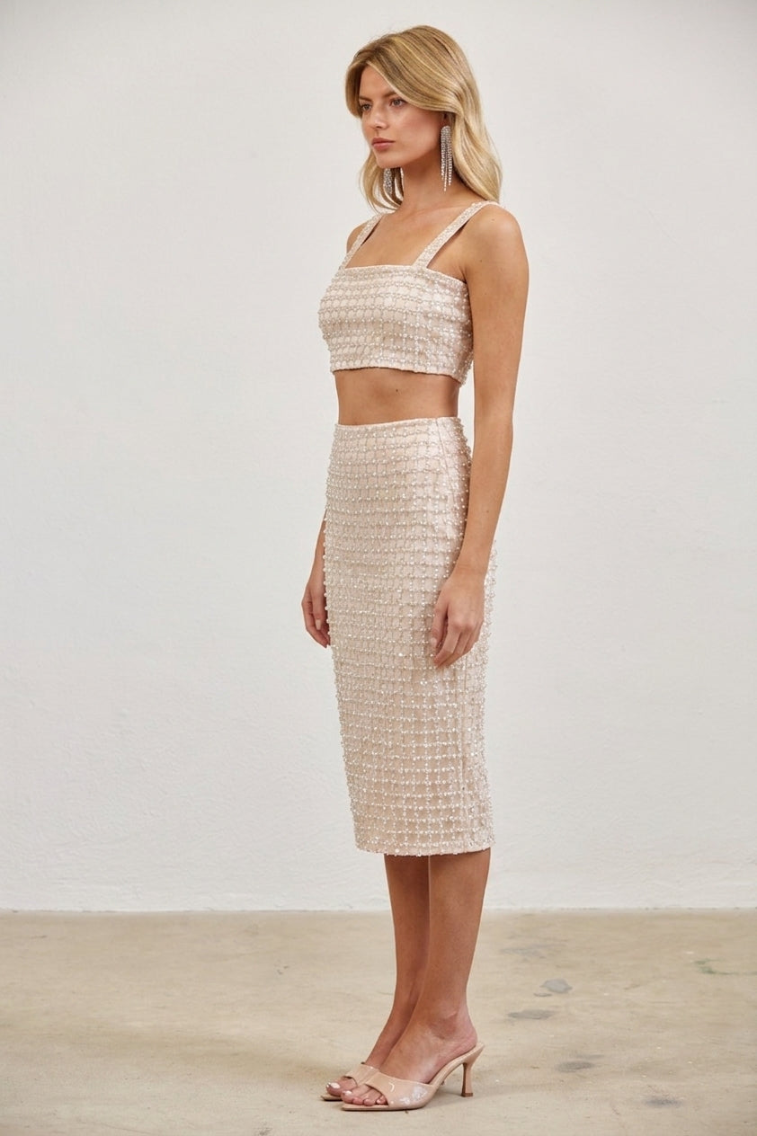 PEARL SEQUIN SQUARE NECK TOP + MINI SKRIT SET
