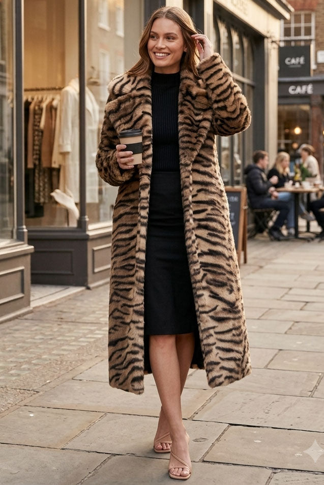 TIGER PRINT FAUX FUR MAXI COAT