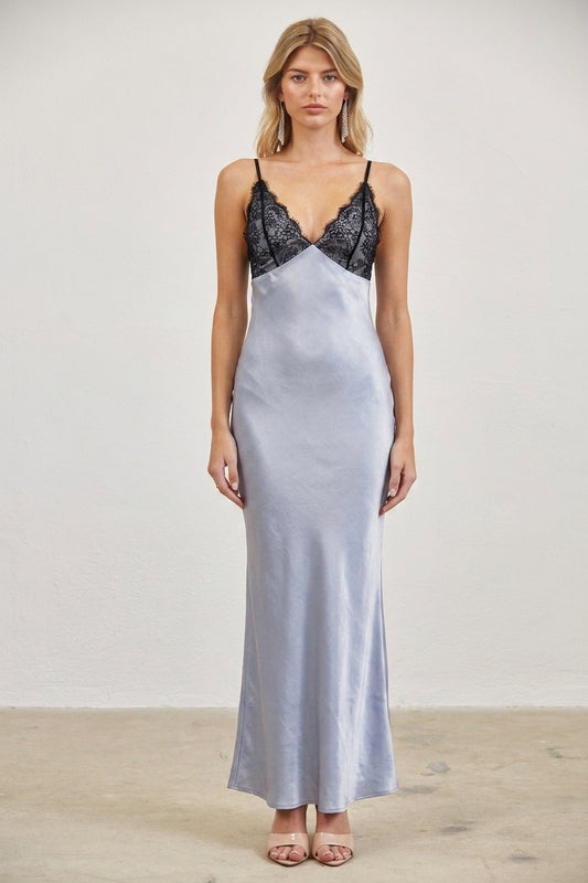 LACE BODICE SATIN SLIP DRESS