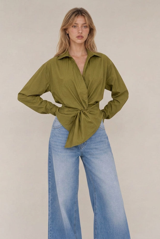 TWISTED WAIST ASYMMETRICAL BUTTON DOWN SHIRT TOP
