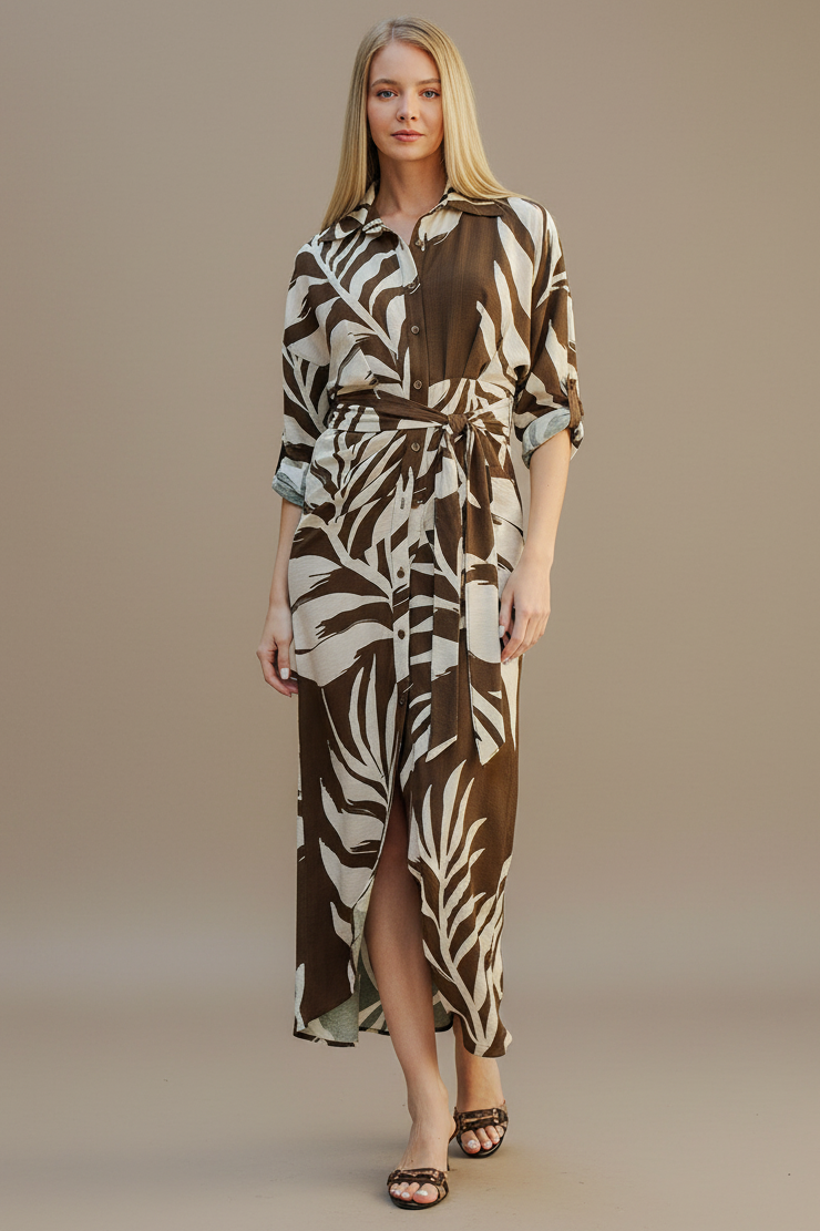 TROPICAL PALM BELTED SSHIRT MIDI DRESS