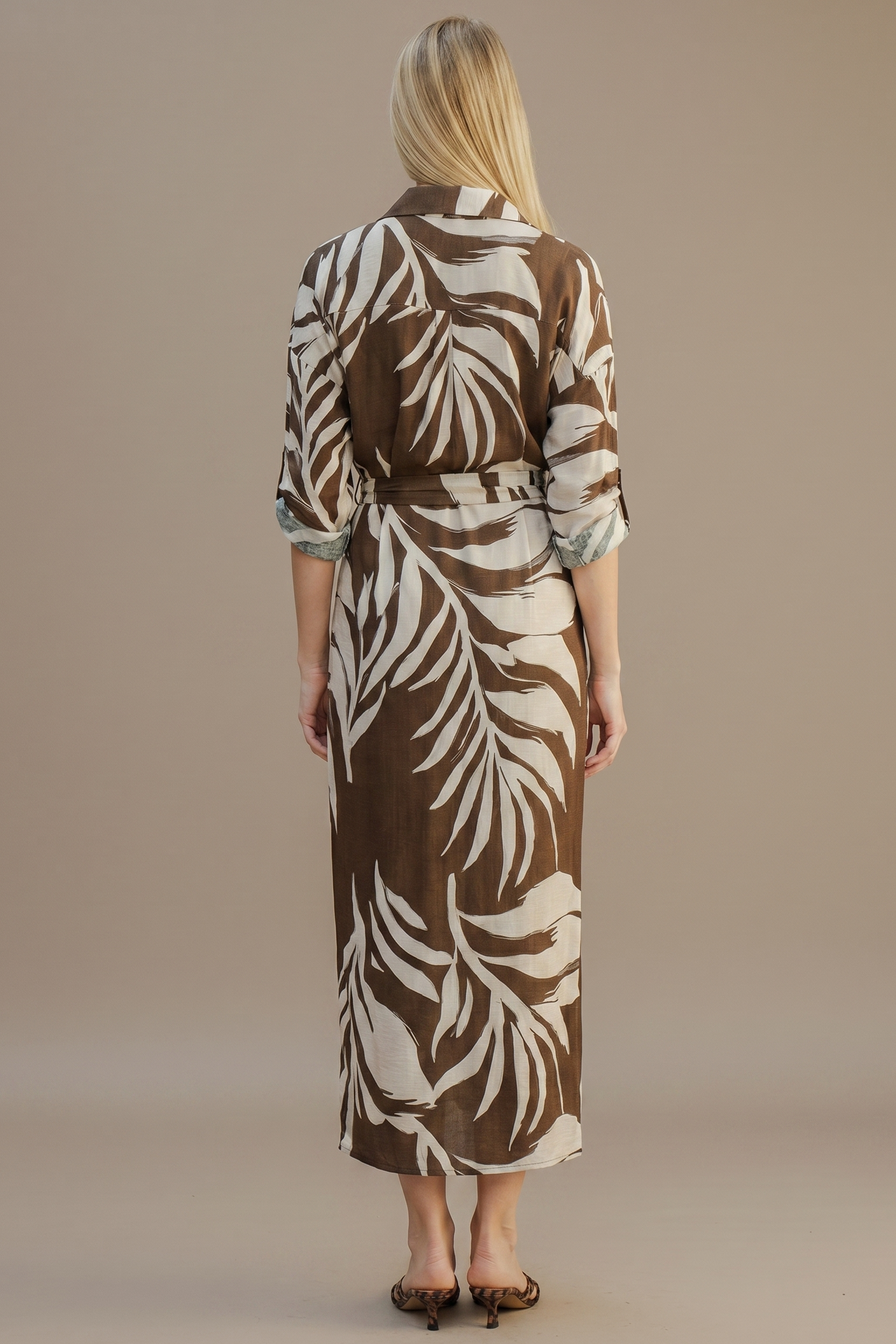 TROPICAL PALM BELTED SSHIRT MIDI DRESS