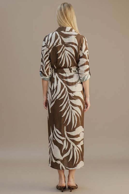 TROPICAL PALM BELTED SSHIRT MIDI DRESS