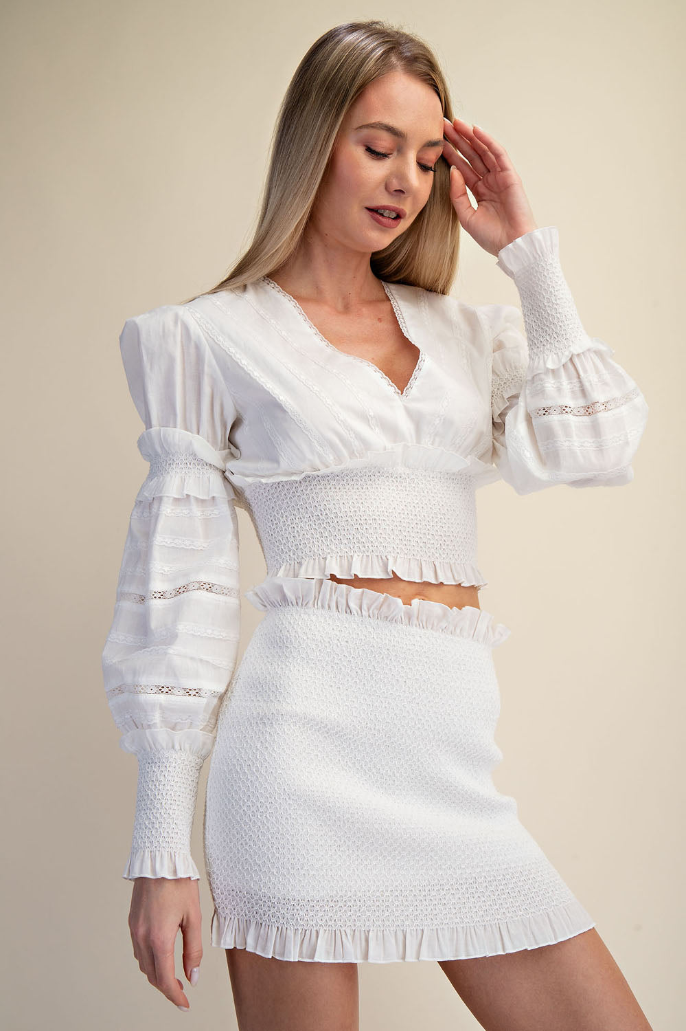 SMOCK COTTON SHEER LACE RUFFLE MINI SKIRT TOP SET