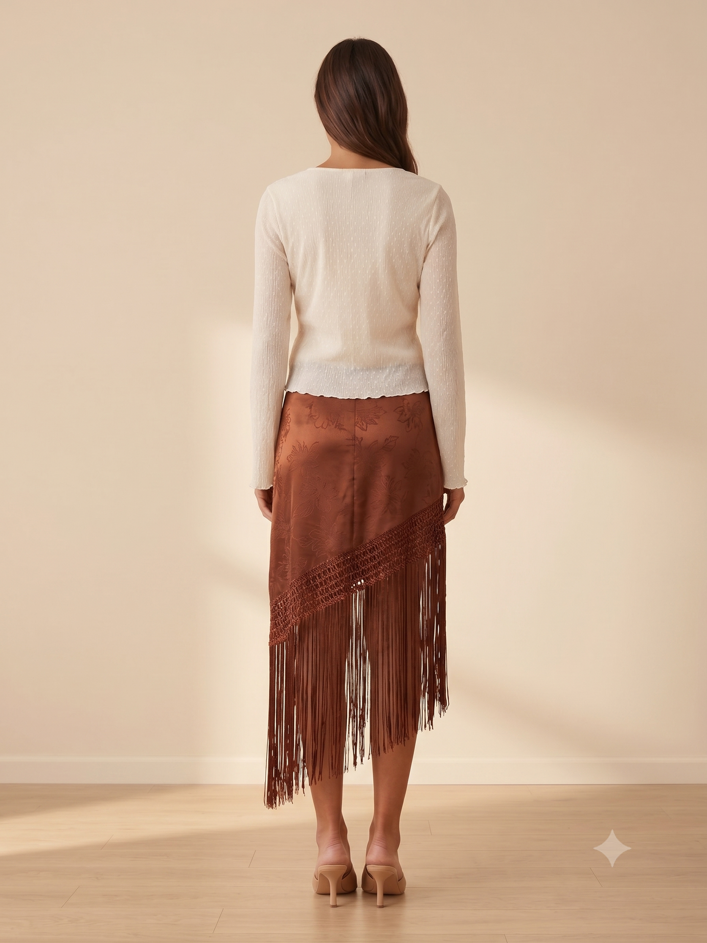 Floral Jacquard Fringe Asymmetrical Midi Skirt