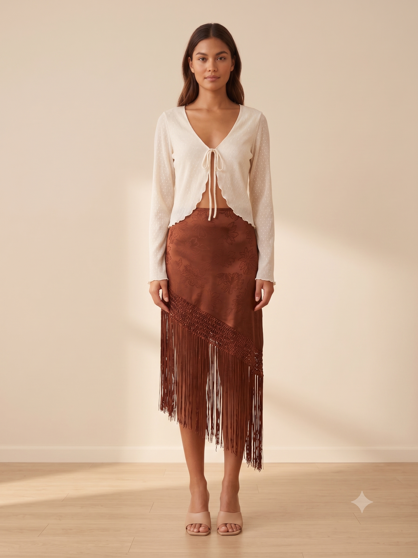 Floral Jacquard Fringe Asymmetrical Midi Skirt