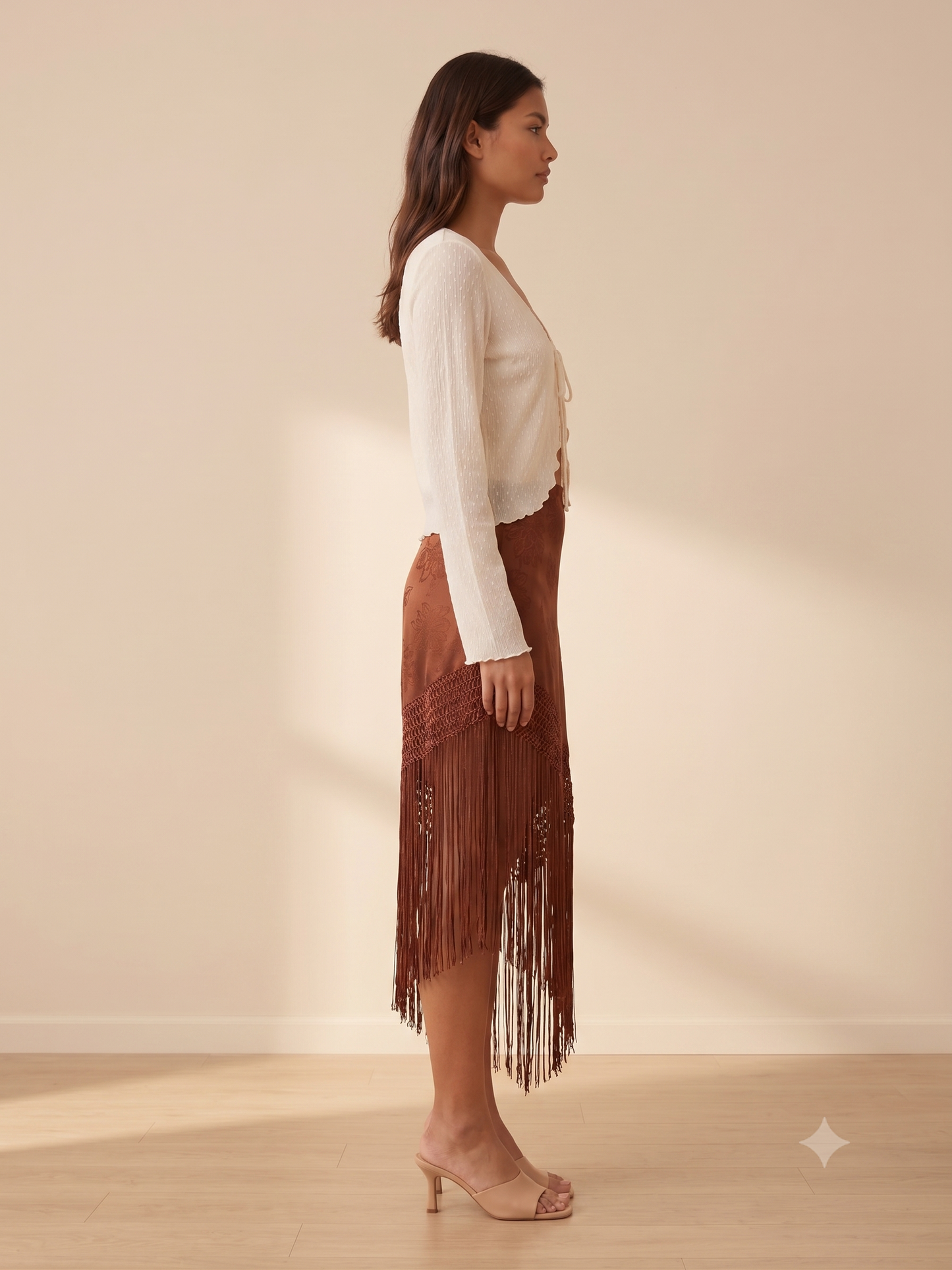 Floral Jacquard Fringe Asymmetrical Midi Skirt