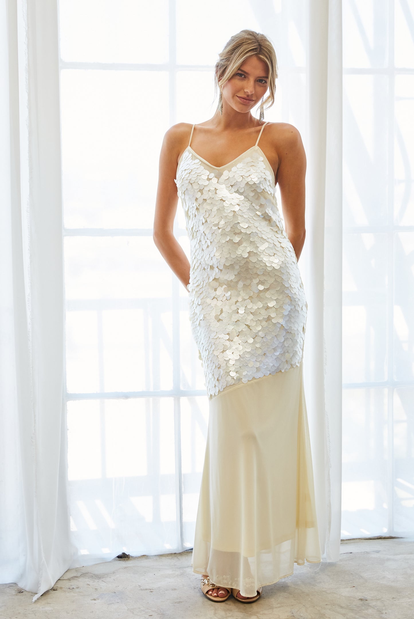 SEQUIN CHIFFON MERMAID MAXI DRESS