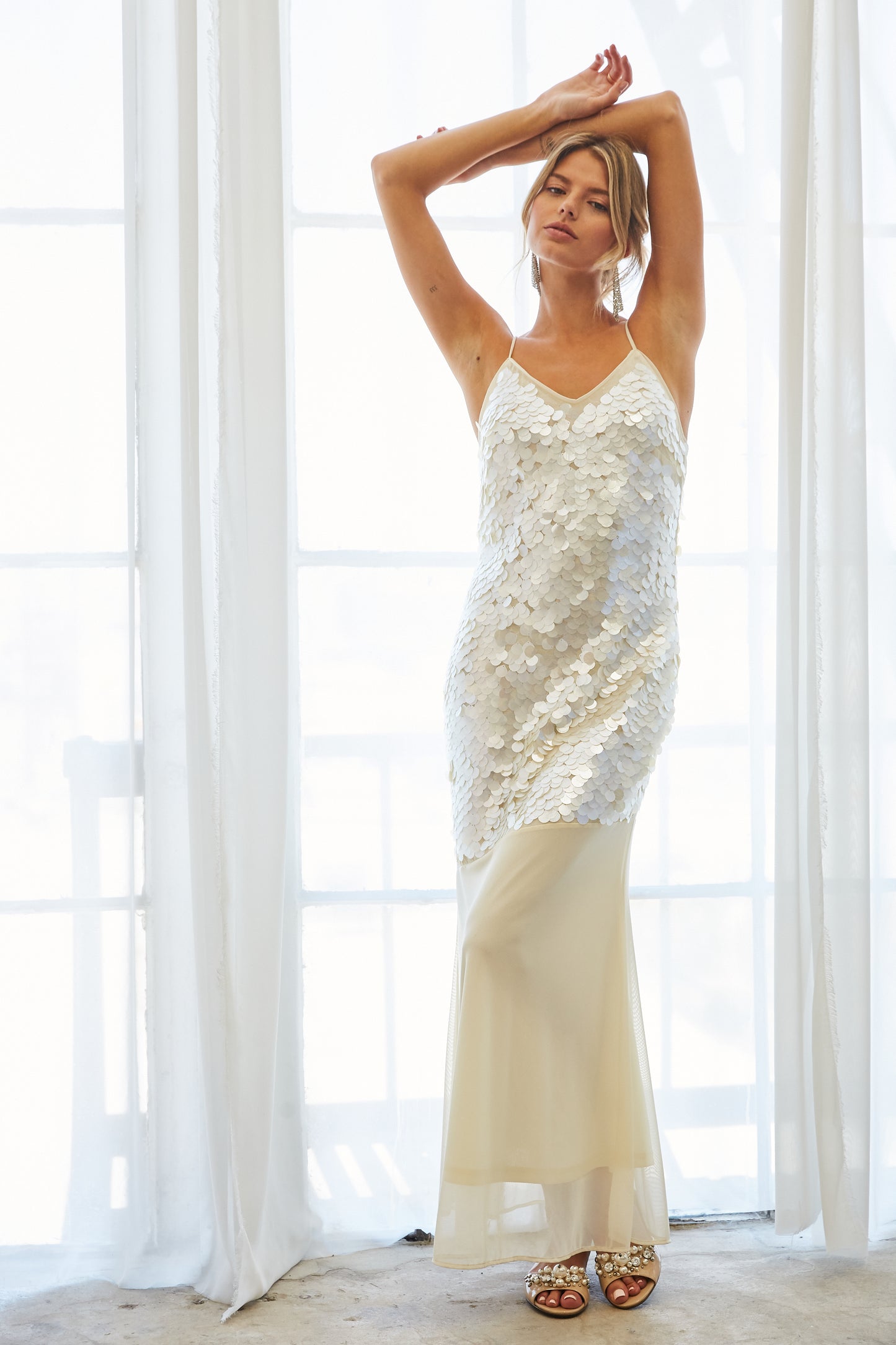 SEQUIN CHIFFON MERMAID MAXI DRESS