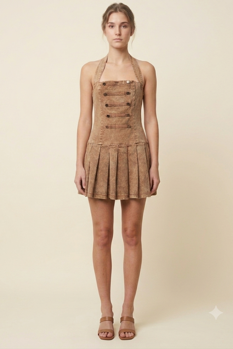 VINTAGE WASH HALTER PLEATED MINI DRESS