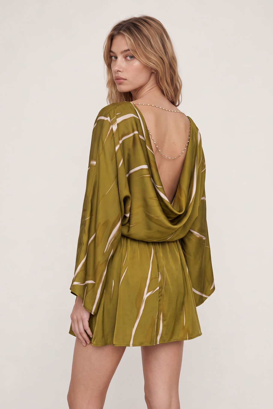 Abstract Print Chain-Back Kimono Sleeve Mini Skirt