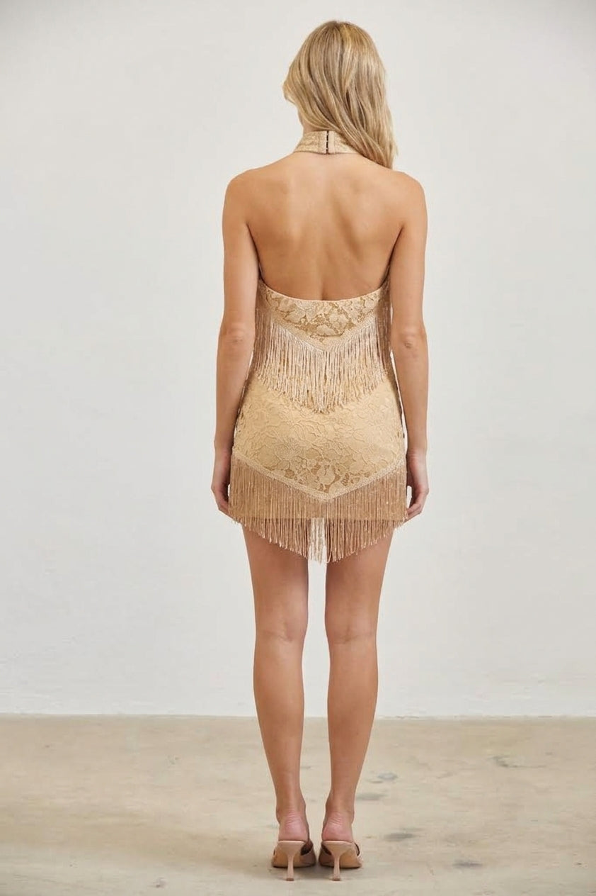 FRINGE TRIM LACE HALTER MINI DRESS
