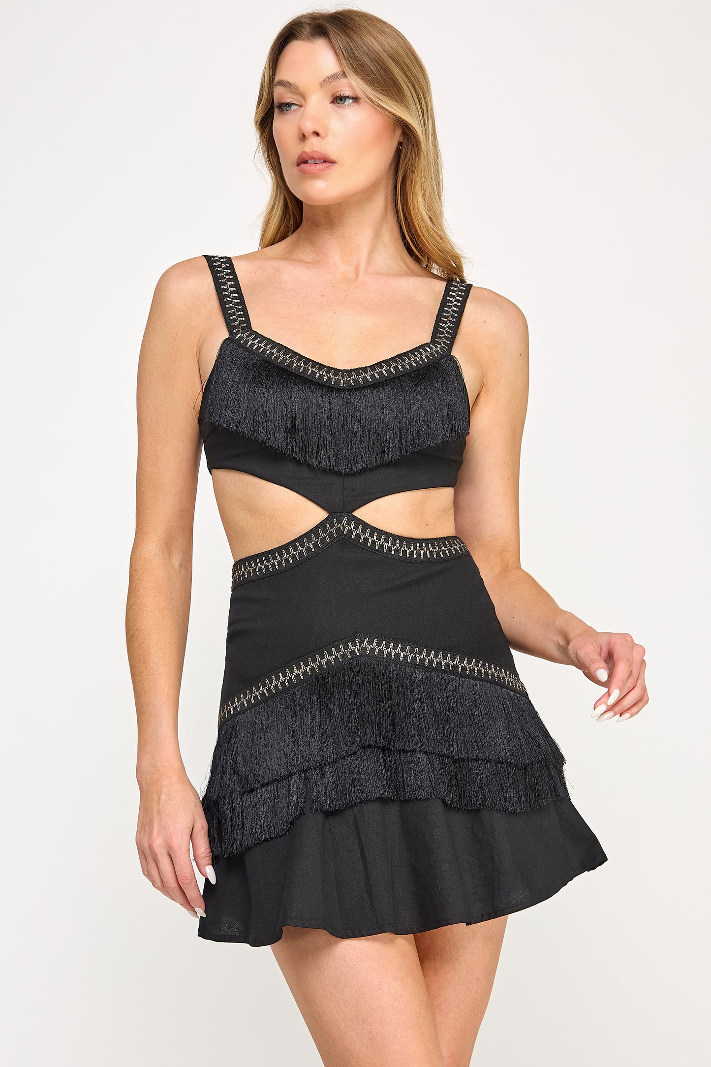 FRINGE DETAIL CUT OUT MINI DRESS