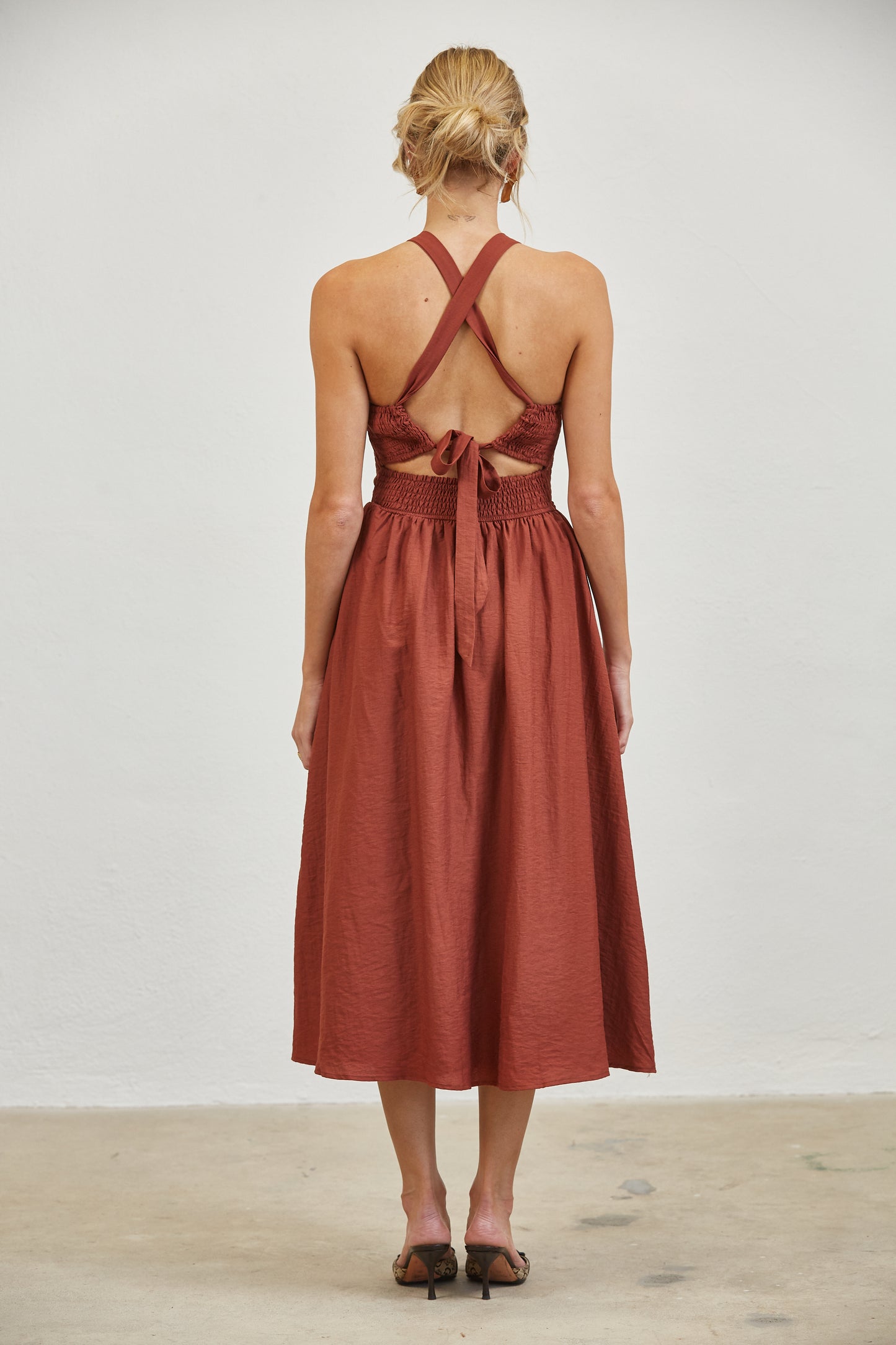 SMOCKED TOP SIDE POCKETS MIDI DRESS - STEEL BLUE