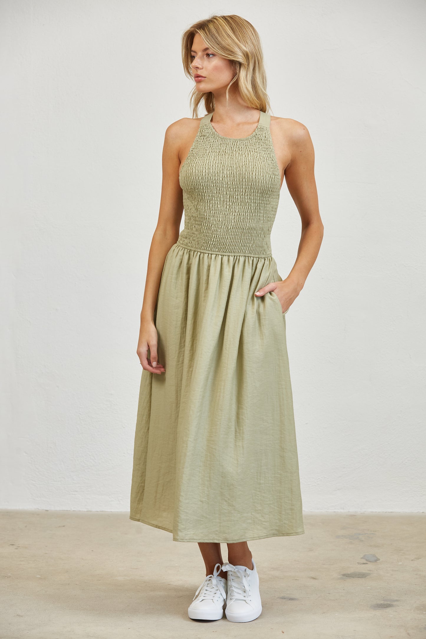 SMOCKED TOP SIDE POCKETS MIDI DRESS - STEEL BLUE