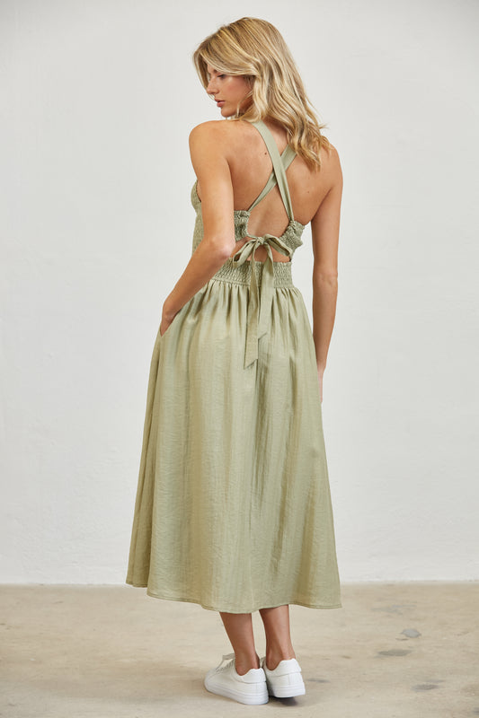 SMOCKED TOP SIDE POCKETS MIDI DRESS - OLIVE