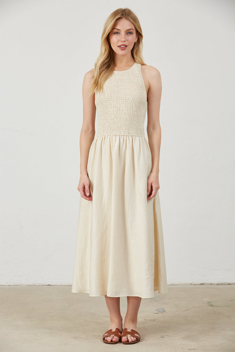 SMOCKED TOP SIDE POCKETS MIDI DRESS