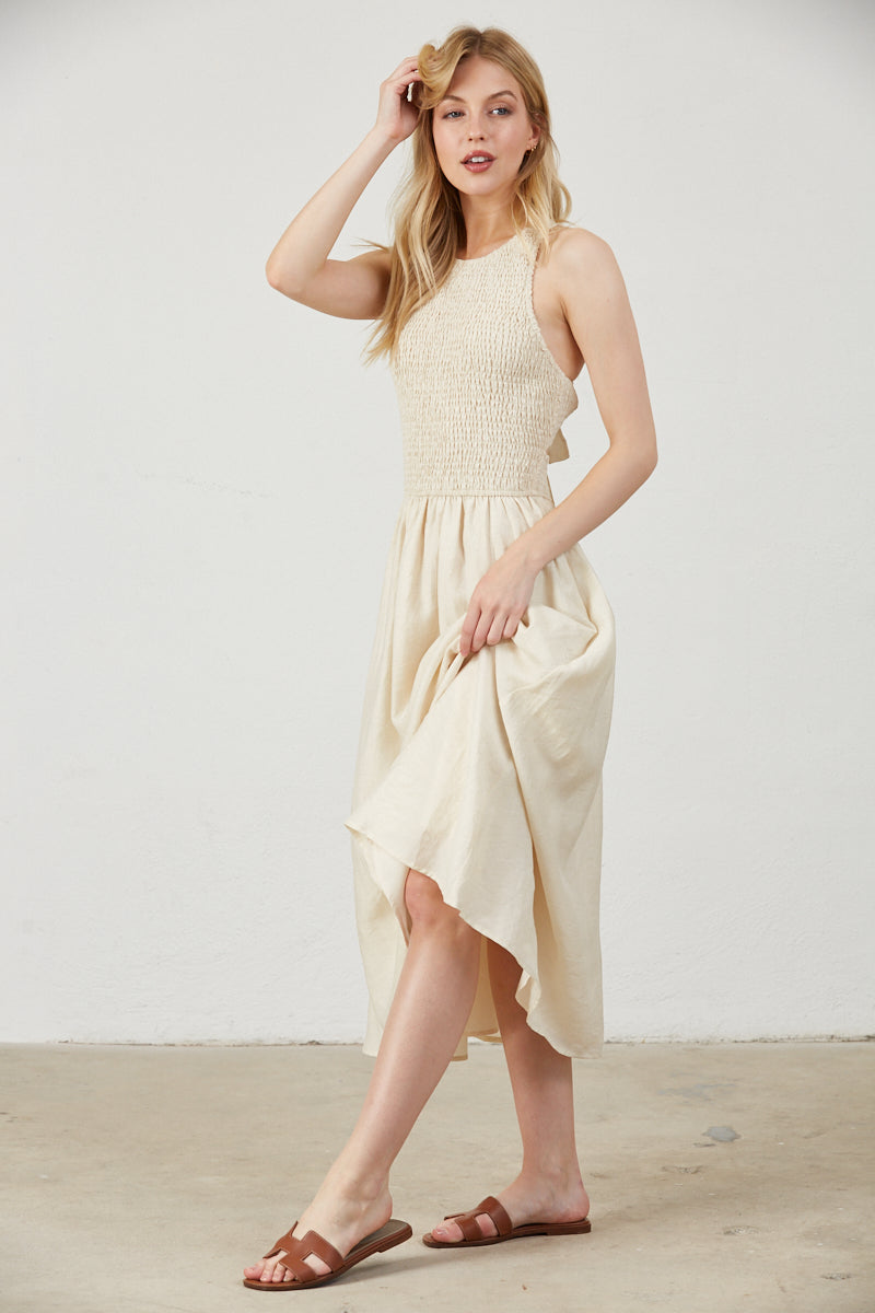 SMOCKED TOP SIDE POCKETS MIDI DRESS