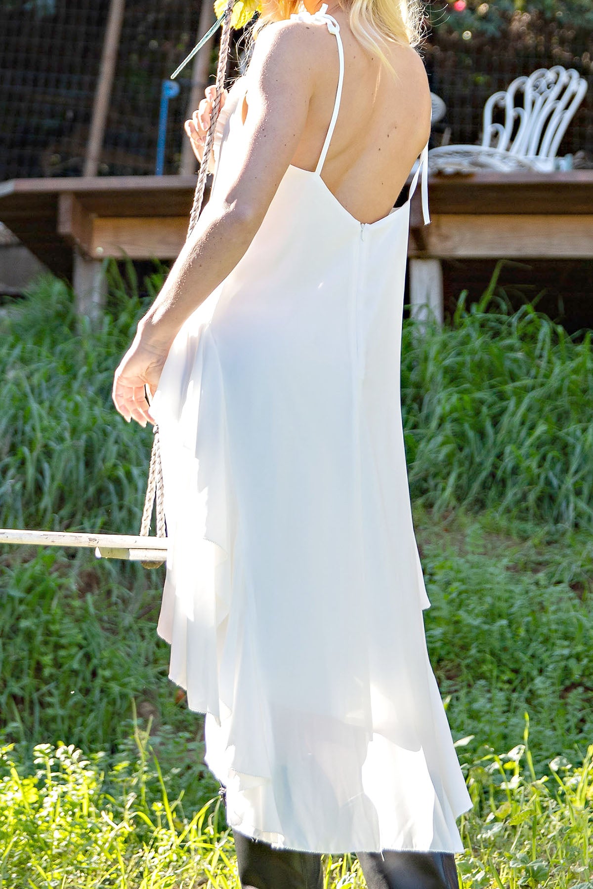 RUFFLES HIGH LOW MIDI DRESS - WHITE