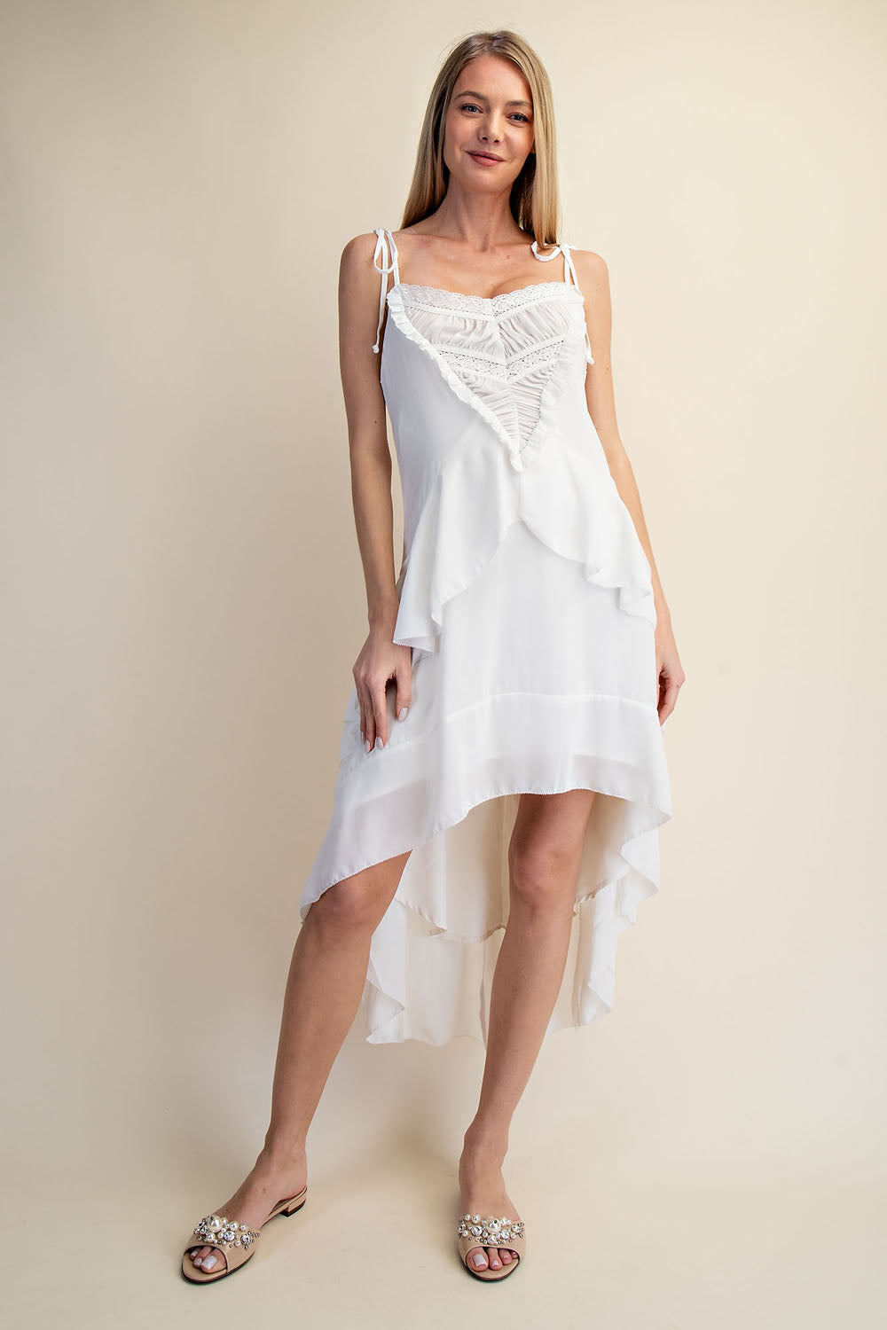 RUFFLES HIGH LOW MIDI DRESS - WHITE