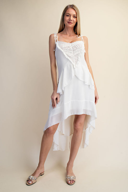 RUFFLES HIGH LOW MIDI DRESS - WHITE