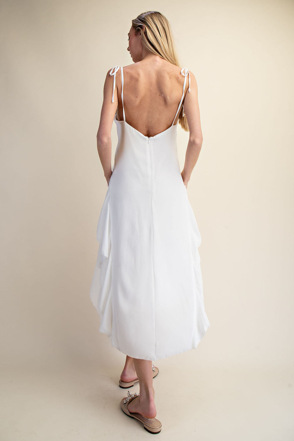 RUFFLES HIGH LOW MIDI DRESS - WHITE