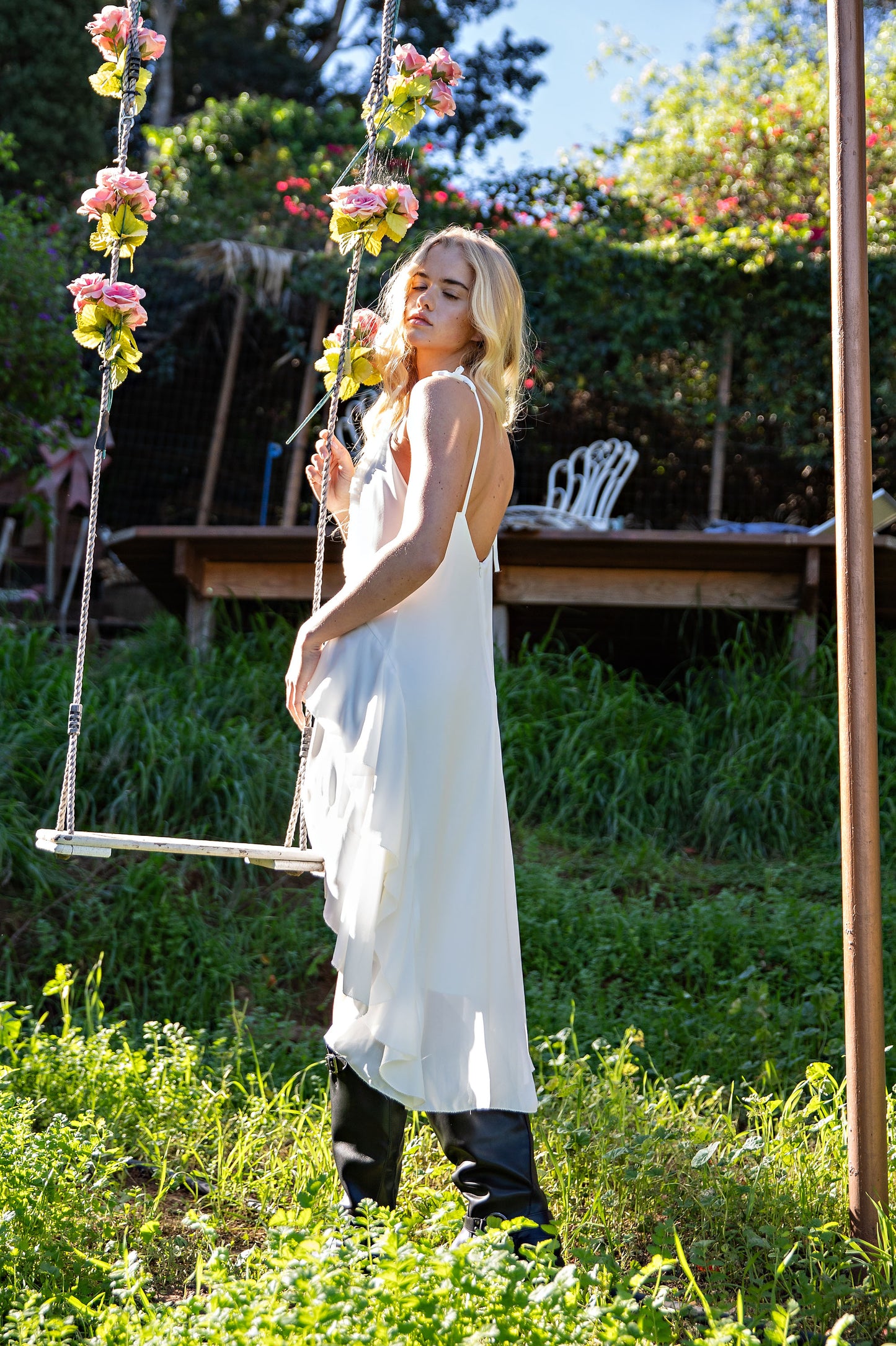 RUFFLES HIGH LOW MIDI DRESS - WHITE